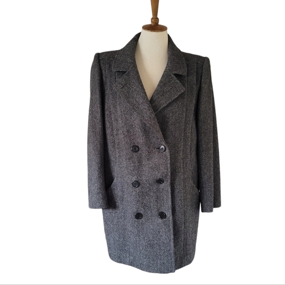 80's ALORNA Black and Gray Herringbone Wool Blend Double Breasted Midi Pea Coat - Picture 2 of 8